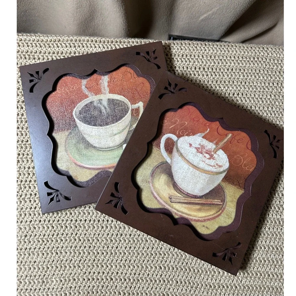 New View Coffee Latte Wall Art Set of 2 Brown Square Kitchen Decor 9.5x9.5